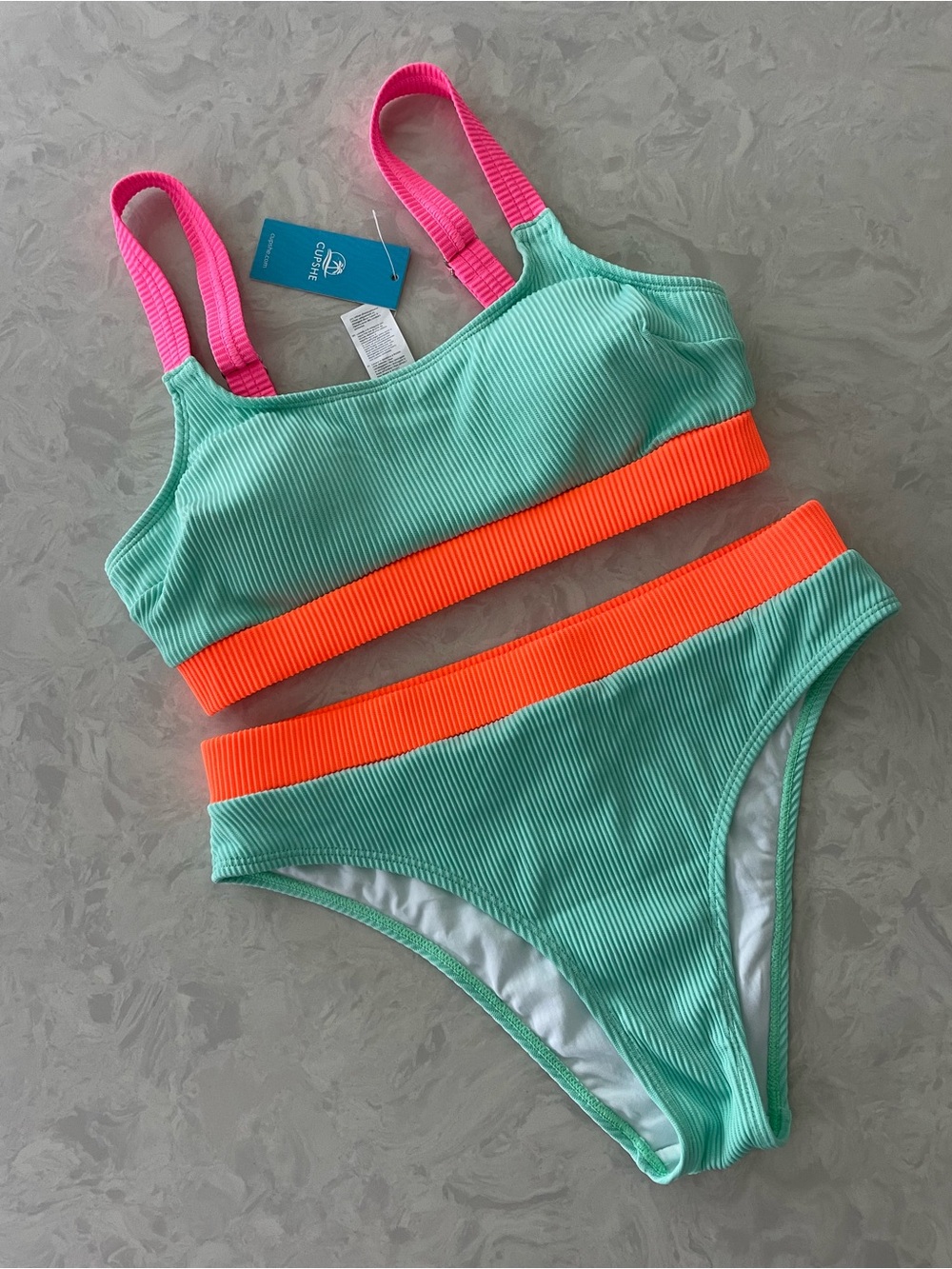 Mint Ribbed Bikini Set with Neon Orange Band & Pink Straps CUPSHE